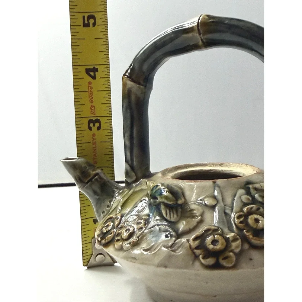 Vintage Ceramic Teapot Cream Green Bamboo Handle Floral Crazed